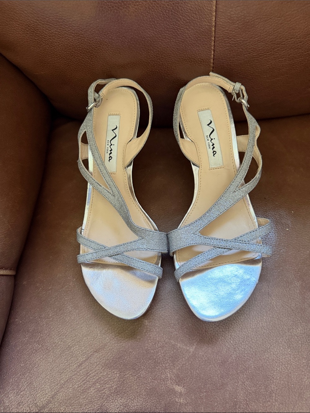 Nina Silver Strappy Open-Toe Heels
